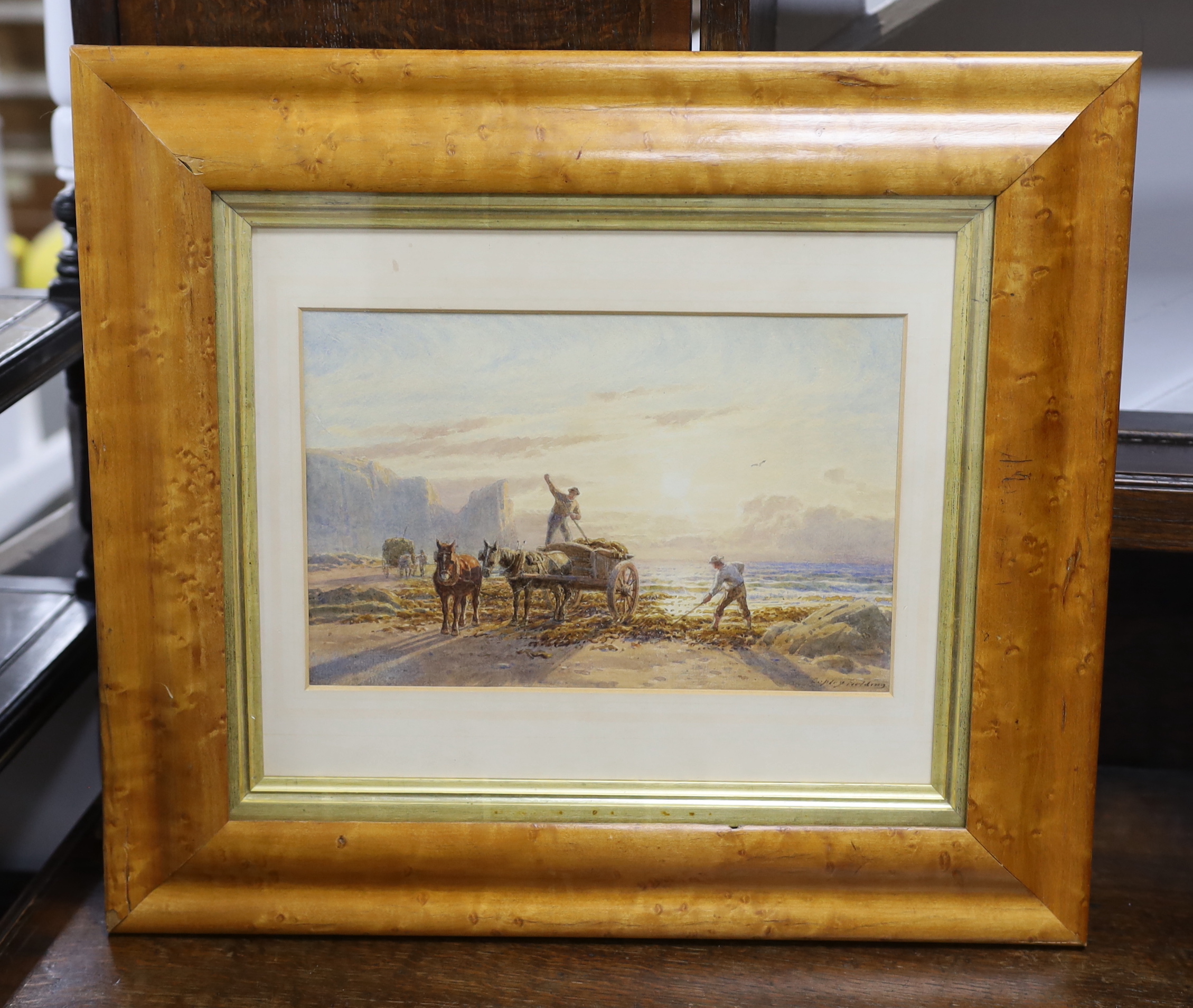 Copley Fielding (1787-1855), watercolour, Coastal landscape with horse and cart, signed, 17 x 26cm, maple framed